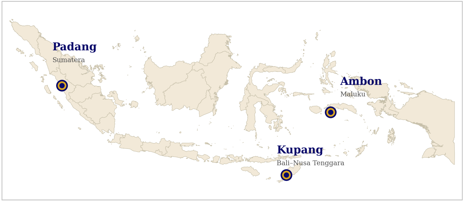Peta lokasi pelaksanaan Majelis Publik: Padang, Kupang, Ambon
